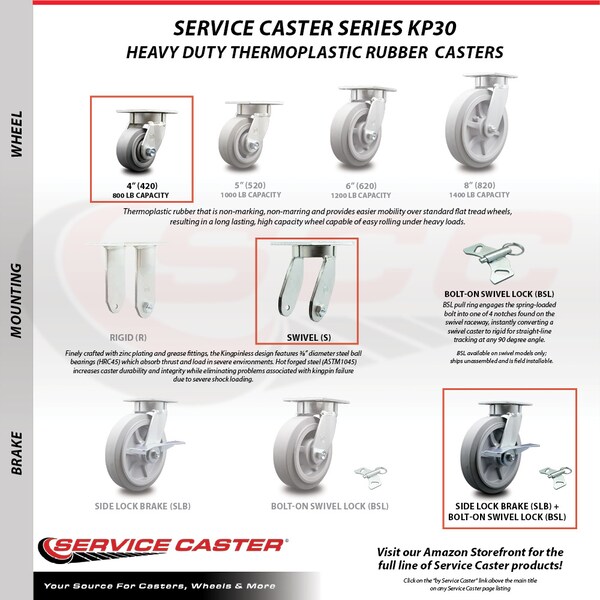 Service Caster 4 Inch Kingpinless Thermoplastic Rubber Wheel Caster Brakes 2 Swivel Locks, 4PK SCC-KP30S420-TPRRF-SLB-BSL-2-SLB-2 - main